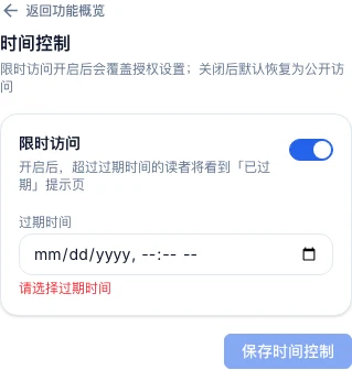 时间控制详情面板:「限时访问」开关已开启,过期时间输入框已填写未来时间