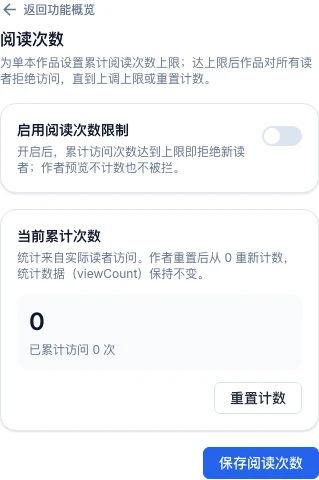 阅读次数限制详情配置页,显示「启用阅读次数限制」开关、「阅读次数上限」输入框、当前累计次数统计和「保存阅读次数」按钮