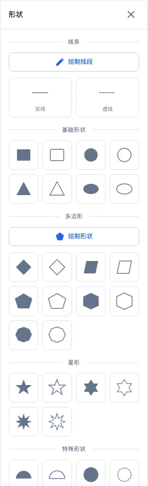 编辑器左侧「形状」面板:按线条、基础形状、多边形、星形、特殊形状分组展示约30种预设